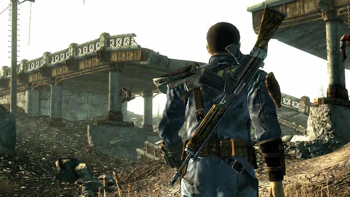Fallout 3-Spieler trifft auf einen Jäger, der die seltene Feuerlanze trägt