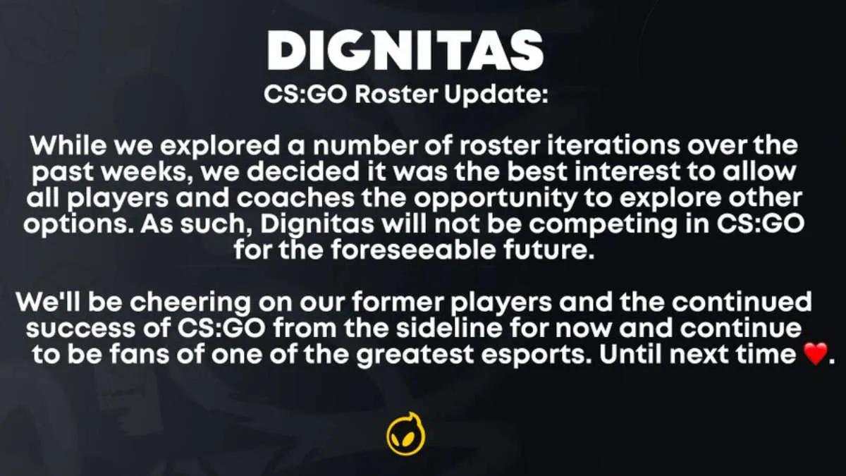 Dignitas löst seine bisherige Aufstellung auf und verlässt CS:GO