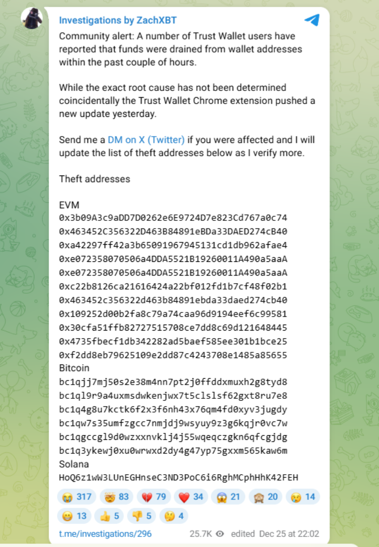 Möglicher Hack der Trust Wallet-Browsererweiterung: Millionenbeträge von Nutzern gestohlen 1